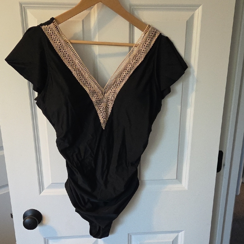 Black Swimsuit with Lace Trim And Flutter Sleeve